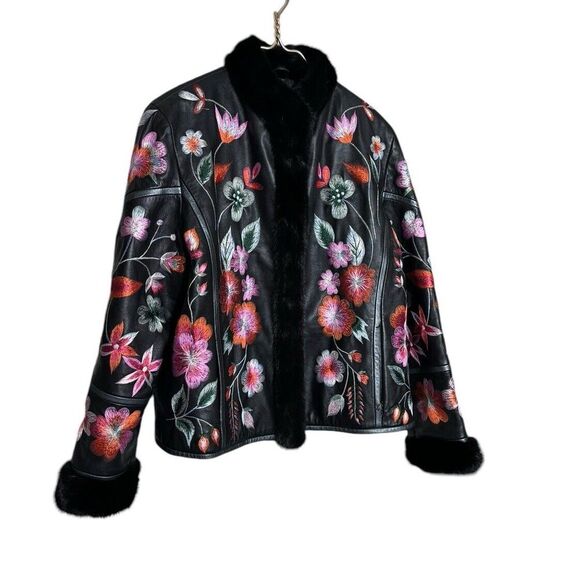 RARE Kotsovos Floral Bohemian Embroidered‎ Leather Mink Fur-Jacket Size XL - Picture 1 of 15